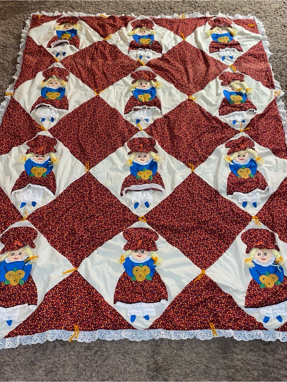 Handmade Red and Cream‎ Patchwork Doll Quilt - Charming Cottage Style